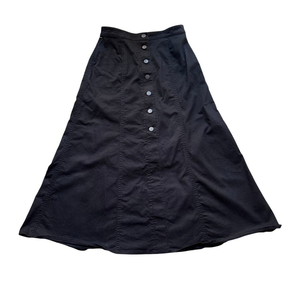Uniqlo Black A-Line Midi Skirt Button Front Size 4 Waist 27 Length 32